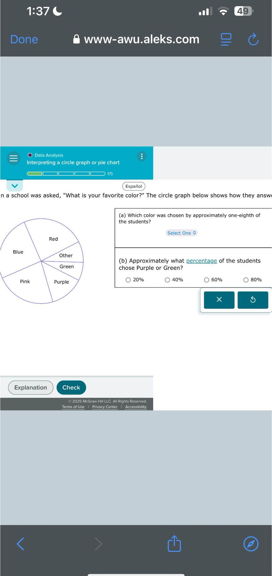 1:37 49 Done www-awu.aleks.com Data Analysis Interpreting a circle ...