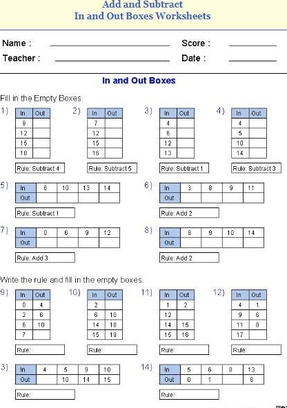 Add and Subtract
In and Out Boxes Worksheets

Name :
Score : 
Teacher : 
Date : 
In and Out Boxes
Fill in the Empty Boxes.
1)

In     Out 

9     

12     

15     

18     


2)

In     Out 

7     

12     

15     

16     


3)

in     Out 

4     

6     

12     

13     


4)

In     Out 

4     

5     

10     

14     



Rule: Subtract 4
Rue. Subtract 5
Rule: Subtract 1
Rue: Subtract 3
5)

ln     6     10     13     14 

Out                 


6)

In     3     8     9     11 

Out                 



Rule. Subtract 1
Rule:Add 2
7)

ln     0     8     9     12 

Out                 



Rule:Add 3
8)

ln     B     9     10     14 

Out                 



Rule: Add 2

Write the rule and fill in the emply boxes.
9)

ln     Out 

0     4 

2     6 

6     10 

7     


10)

In     Out 

2     

6     10 

14     18 

15     19 


11)

in     Out 

1     2 

12     

14     15 

15     16 


12)

In     Out 

4     1 

9     6 

11     8 

17     



Rule:
Rue:
Rule:
Rue:
3)

in     4     5     9     10 

Out         10     14     15 


14)

In     5     6     8     13 

Out     0     1         8 



Rule:
Rule: