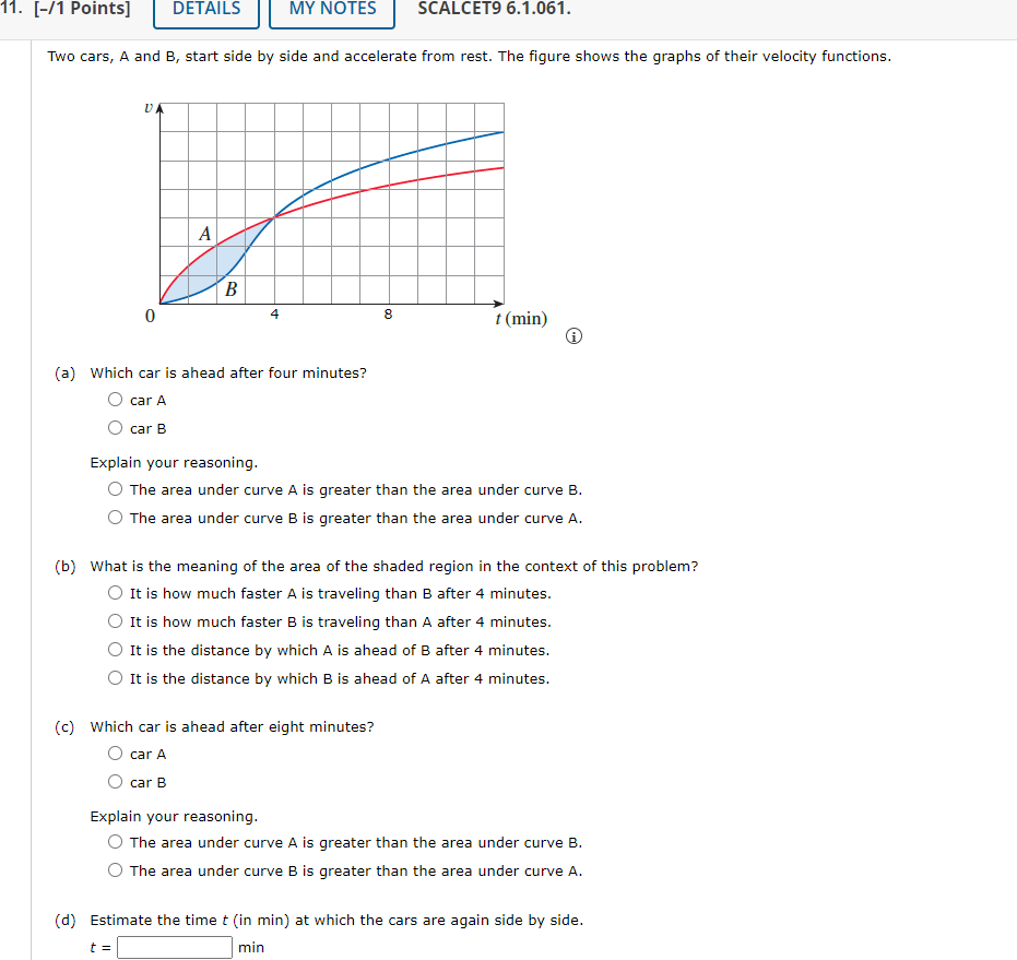11. [-/1 Points] DETAILS MY NOTES SCALCET9 6.1.061. Two cars, A and B ...
