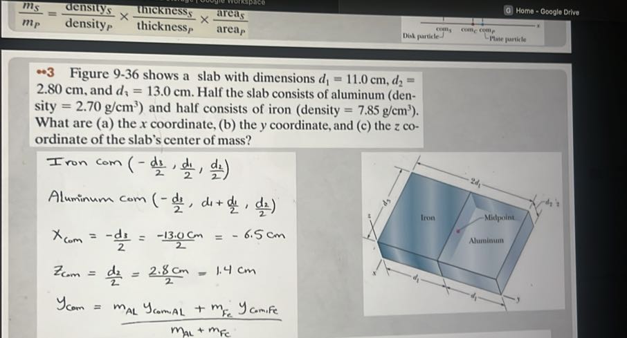 
    (mS)/(mP)=( density S)/( density P)×( thenness S)/( thickness P)×( area S)/( area P)

Home - Google Drive
*3 Figure 9-36 shows a slab with dimensions d1=11.0  cm, d2= 2.80 cm , and d3=13.0  cm. Half the slab consists of aluminum (density =2.70  g / cm^3 ) and half consists of iron (density =7.85  g / cm^3 ). What are (a) the x coordinate, (b) the y coordinate, and (c) the z coordinate of the slab's center of mass?

    Iron com (-(d3)/(2), (d1)/(2), (d2)/(2)) 
         Aluminum com (-(d3)/(2), d1+(d1)/(2), (d2)/(2)) 
        
        Xcom =-(d3)/(2)=(-13.0  cm)/(2)=-6.5  cm
        
        zCom =(d2)/(2)=(2.8  cm)/(2)=1.4  cm
        
        yCom =(mA L yCom,AL +mFe yCom, Fe)/(mA L+mFc)
