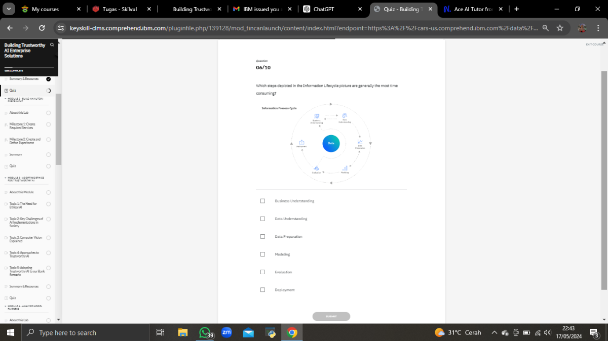 My courses
Tugas - Skitvul
Building Trustwe ×| M IBM issued you
ChatGPT
Quiz - Building
N. Ace Al Tutor fro:
keyskill-clms.comprehend.ibm.com/pluginfile.php/139128/modtincanlaunch/content/index.html?endpoint=https%3A%2F%2Fcars-us.comprehend.ibm.com%2Fdata%2F...
Bulding Trustworthy Q
AI Entarpalsa
Solutions
man
menorm
Summary 5 Remourse
[1] Quir
0
Abouthlab
0
Miestone L Create
Mequired Services
8. Miectore Z- Createand
Defre Experiment
Smmmar
(1) Quiz

O
matust2. ascernetrwist
About Hia Module
Tooic 1 : The Need for
Ebial A

Tooic 2 KerChalerges ot Almplenentations Sodety

Tooic 3 Computer Vaion Explained
Topic 4-Aporrachest:
Trustworth A

Teoic 5 -Adoptint Trustworthylalt toper Park
Business Understanding
Data Understanding
Data Preparation
Modeling
Sammar 6 Rropurce:
0
0
Qui:
Mosuls-kivert nost

Abouthialab
Type here to search
439
2 m
31^∘C Cerah
22: 43
17 / 05 / 2024