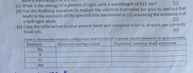 (c) What is the energy of a photon of light, with a wavelength of 515 nm ?
[2]
(d) Use the Rydberg equation to explain the electron transition (or give n1 and n2 ) that leads to the emission of the spectral line mentioned in (c) assuming the emission is of a hydrogen atom.
[2]
(e) Copy the table below in your answer book and complete it for 3 / 4 of mark per correctly filled cell.
Table 6: Abbreviated electron configuration and number of unpaired valence elements for given elements.

Element     Electron configuration     Unpaired valence shell electrons 

Zn         

V         

Cr         

Mn         

