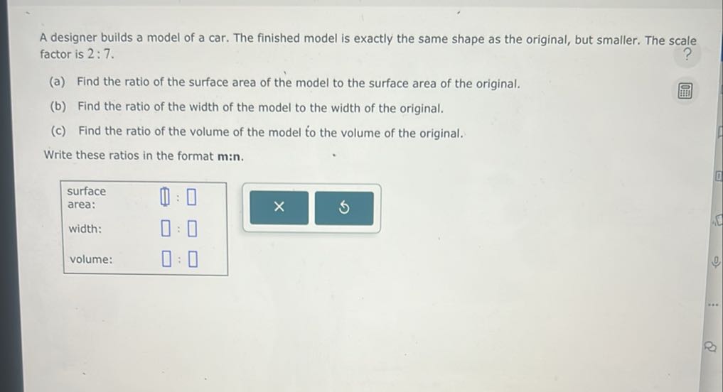 Car Model Math A designer builds a model of a car. The finished model is...