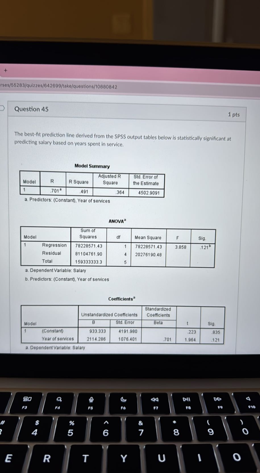 rses/65283/quizzes/642699/take/questions/10880842

Question 45
1 pts

The best-fit prediction line derived from the SPSS output tables below is statistically significant at predicting salary based on years spent in service.

Model Summary

Model     R     R Square      
Adjusted R 

Square
      
Std. Error of 

the Estimate
 

1     .701^2     .491     .364     4502.9091 


a. Predictors: (Constant), Year of services

ANOVA ^a

2|l| Model           
Sum of 

Squares
     df     Mean Square     F 

1     Regression     78228571.43     1     78228571.43     3.858     121^b 

    Residual     81104761.90     4     20276190.48         

    Total     159333333.3     5             


a. Dependent Variable: Salary
b. Predictors: (Constant), Year of senvices

Coefficients ^a

2|l|[b]2*Model     2|l|Unstandardized Coefficients     [t]2*
Standardized 

Coefficients 

Beta
     [b]2*t     [b]2*Sig. 

        B     Std. Etror             

1     (Constant)     933.333     4191.980         223     835 

    Year of senvices     2114.286     1076.401     701     1.964     121 


a. Dependent Variable: Salary