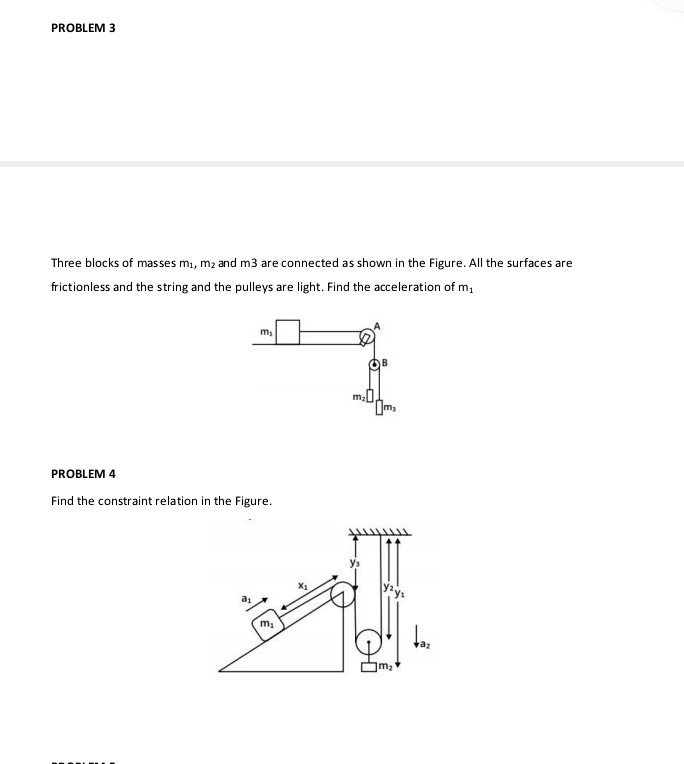 PROBLEM 3

Three blocks of masses m1, m2 and m 3 are connected as shown in the Figure. All the surfaces are frictionless and the string and the pulleys are light. Find the acceleration of m1

PROBLEM 4
Find the constraint relation in the Figure.