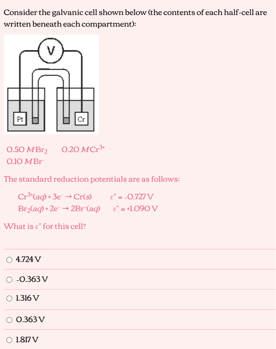 Consider the galvanic cell shown below (the contents of each half-cell ...