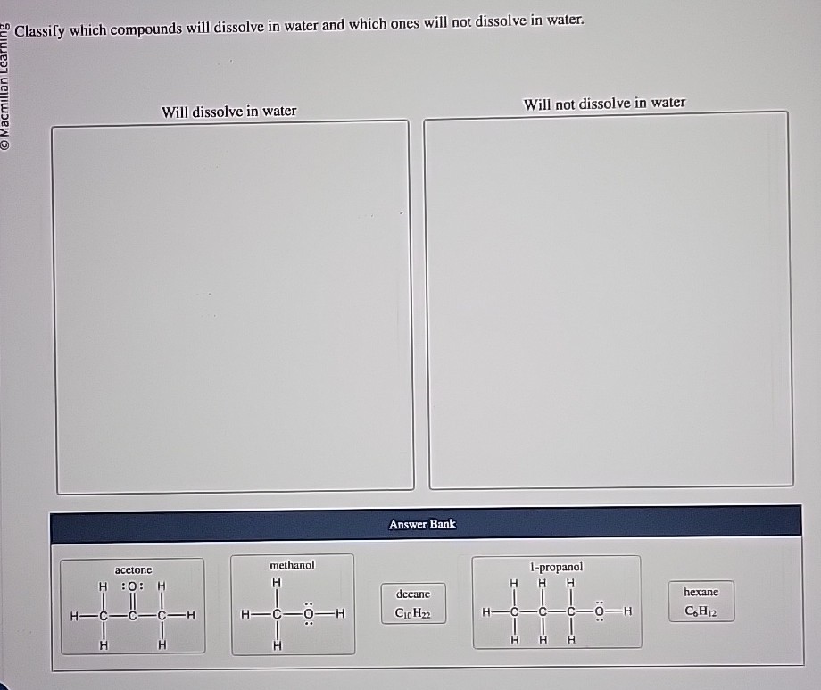 Classify which compounds will dissolve in water and which ones will not ...