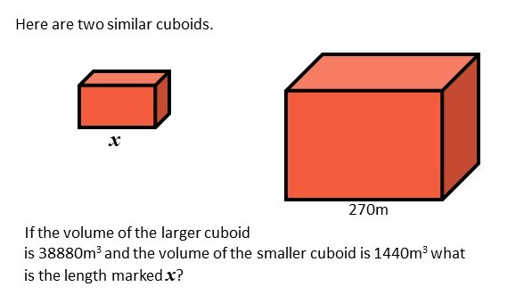 Here are two similar cuboids.

If the volume of the larger cuboid is 38880  m^3 and the volume of the smaller cuboid is 1440  m^3 what is the length marked x ?