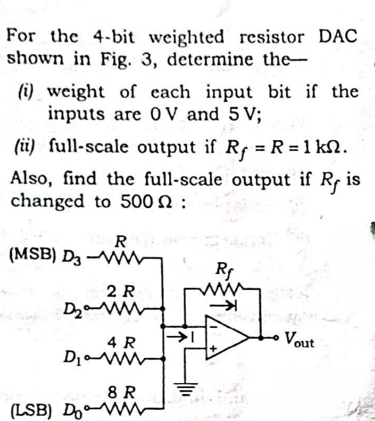 For the 4-bit weighted resistor DAC shown in Fig. 3, determine the- (i ...