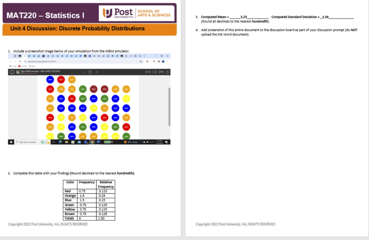 MAT220 - Statistics I
SCHOOL OF
ARTS & SCIENCES
ART
Unit 4 Discussion: Discrete Probability Distributions
2. Complete this table with your findings (Round decimals to the nearest hundredth).

1|c| Color      Frequency      
Relative 

Frequency
 

Red     0.75     0.125 

Orange     1.5     0.25 

Blue     1.5     0.25 

Green     0.75     0.125 

Yellow     0.75     0.125 

Brown     0.75     0.125 

Totals     6     1.00 


Copyright 2022 Post University, ALL RIGHTS RESERVED
3. Computed Mean =  3.25  Computed Standard Deviation =1.56  (Round all decimals to the nearest hundredth).
4. Add screenshot of this entire document to the discussion board as part of your discussion prompt (do NOT upload the MS Word document).
Copyright 2022 Post University, ALL RIGHTS RESERVED