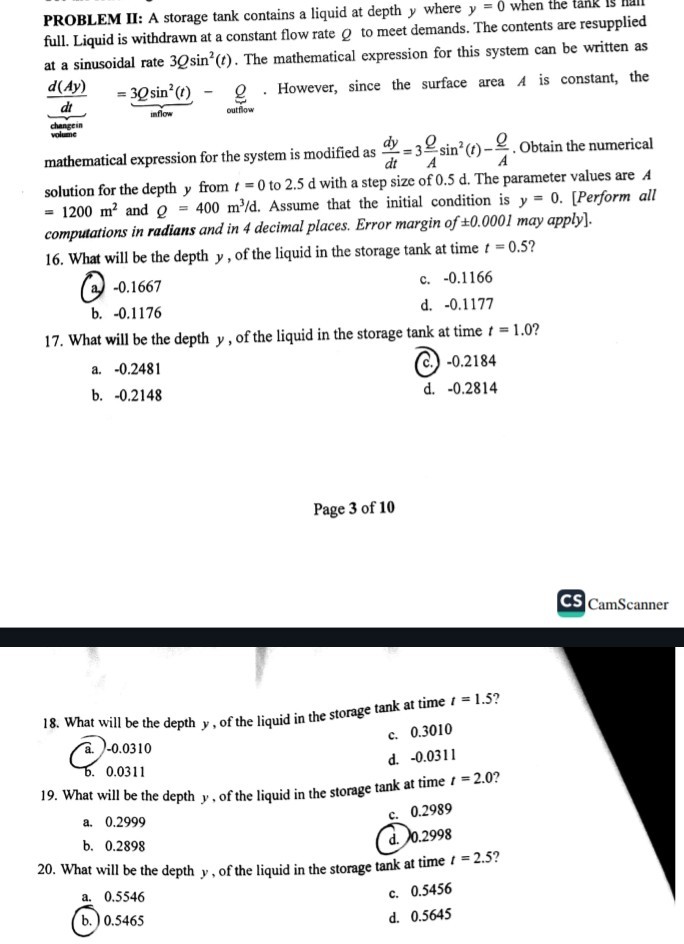 PROBLEM II: A storage tank contains a liquid at depth y where y=0 when ...