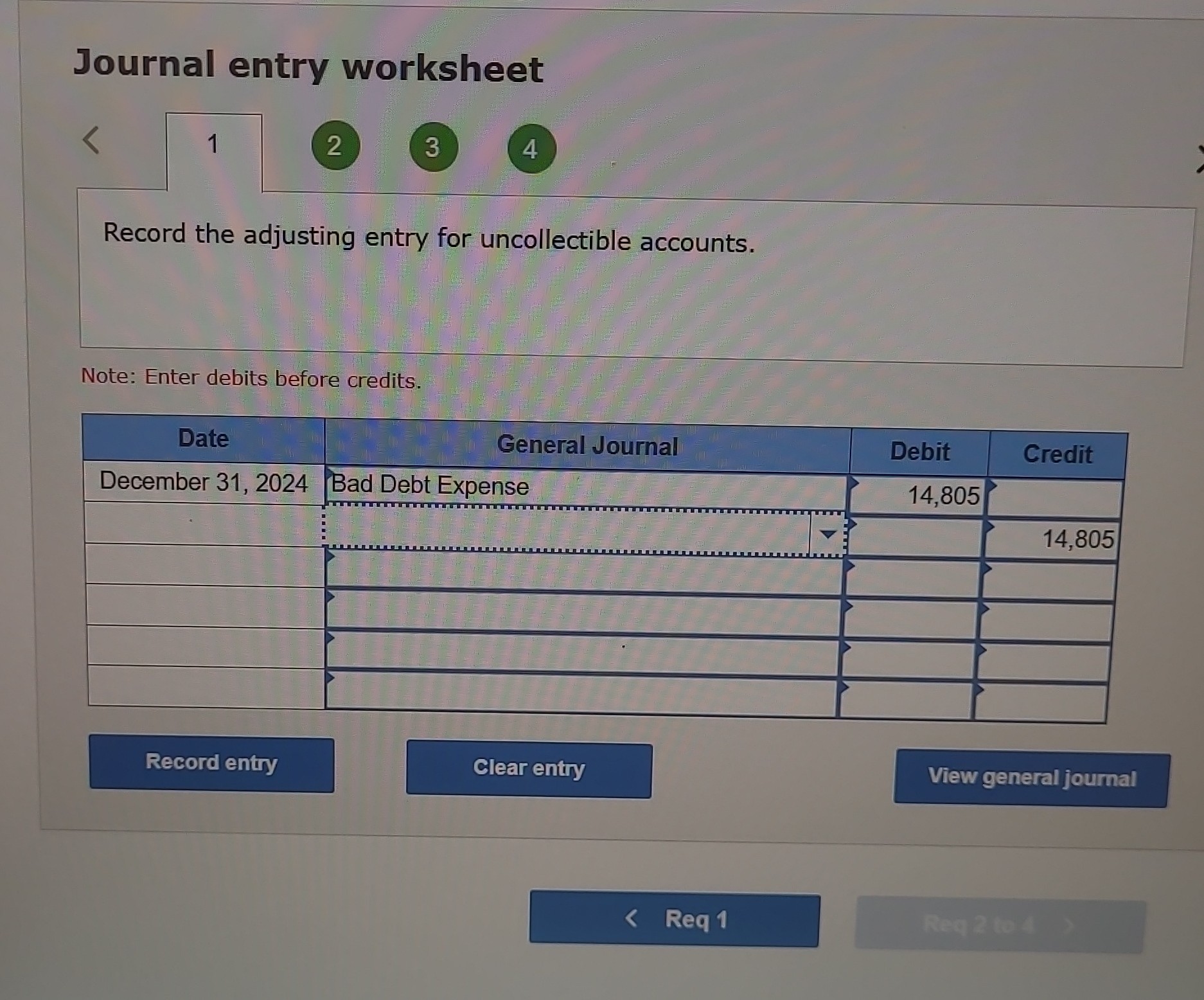 journal entry worksheet 1 2 3 4 record the adjusting entry for uncollectible accounts note enter