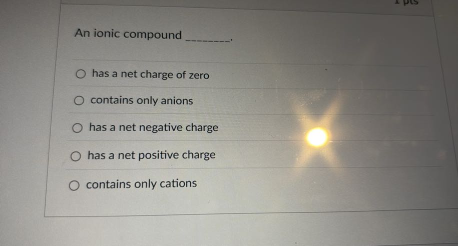An ionic compound 
has a net charge of zero
contains only anions
has a net negative charge
has a net positive charge
contains only cations
