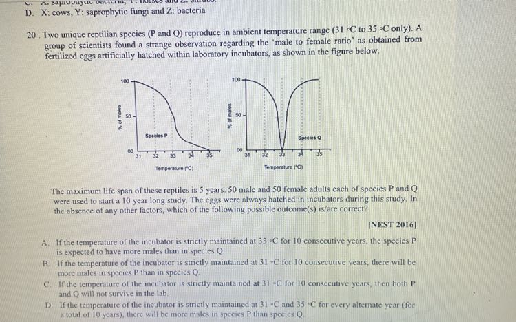 D. X: cows, Y: saprophytic fungi and Z: bacteria
20. Two unique reptilian species ( P and Q ) reproduce in ambient temperature range ( 31^∘C to 35^∘C only). A group of scientists found a strange observation regarding the 'male to female ratio' as obtained from fertilized eggs artificially hatched within laboratory incubators, as shown in the figure below.

The maximum life span of these reptiles is 5 years. 50 male and 50 female adults each of species P and Q were used to start a 10 year long study. The eggs were always hatched in incubators during this study. In the absence of any other factors, which of the following possible outcome(s) is/are correct?
[NEST 2016]
A. If the temperature of the incubator is strictly maintained at 33^∘C for 10 consecutive years, the species 𝐏 is expected to have more males than in species Q.
B. If the temperature of the incubator is strictly maintained at 31^∘C for 10 consecutive years, there will be more males in species P than in species Q.
C. If the temperature of the incubator is strictly maintained at 31 - C for 10 consecutive years, then both P and Q will not survive in the lab.
D If the temperature of the incubator is strictly maintained at 31^∘C and 35^∘C for every alremate year (for a total of 10 years), there will be more males in species P than species Q.