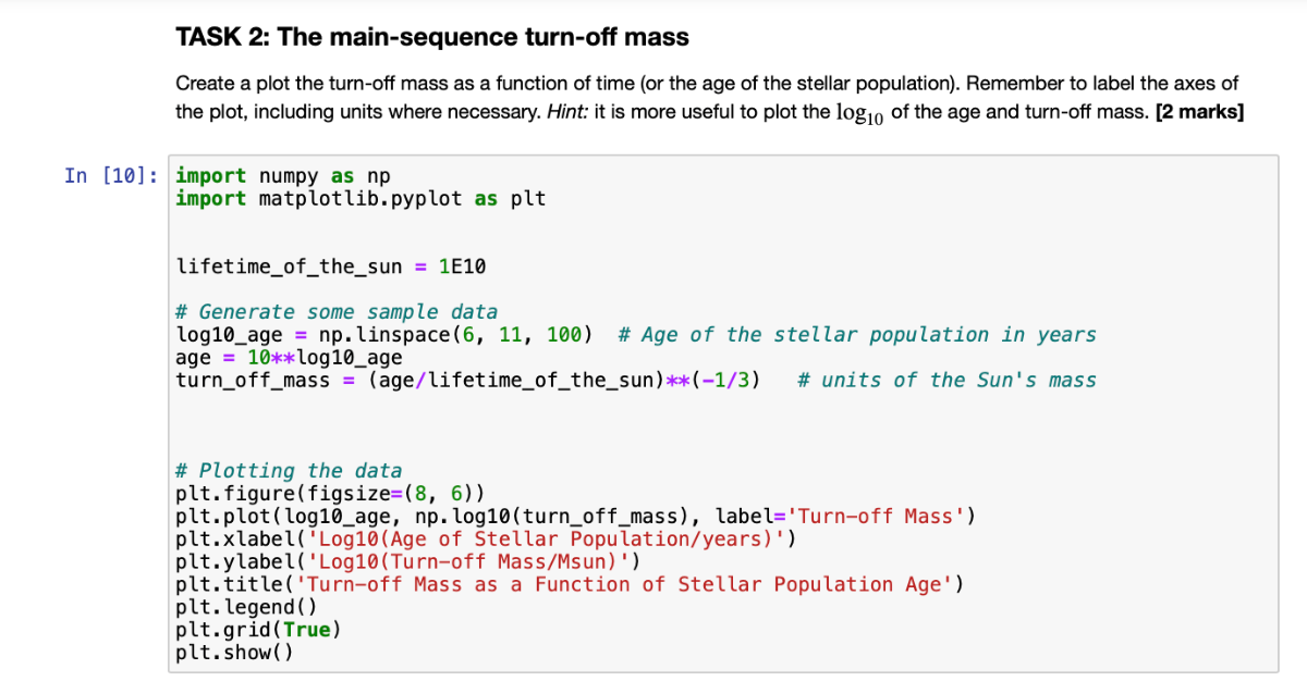 TASK 2: The main-sequence turn-off mass Create a plot the turn-off mass ...