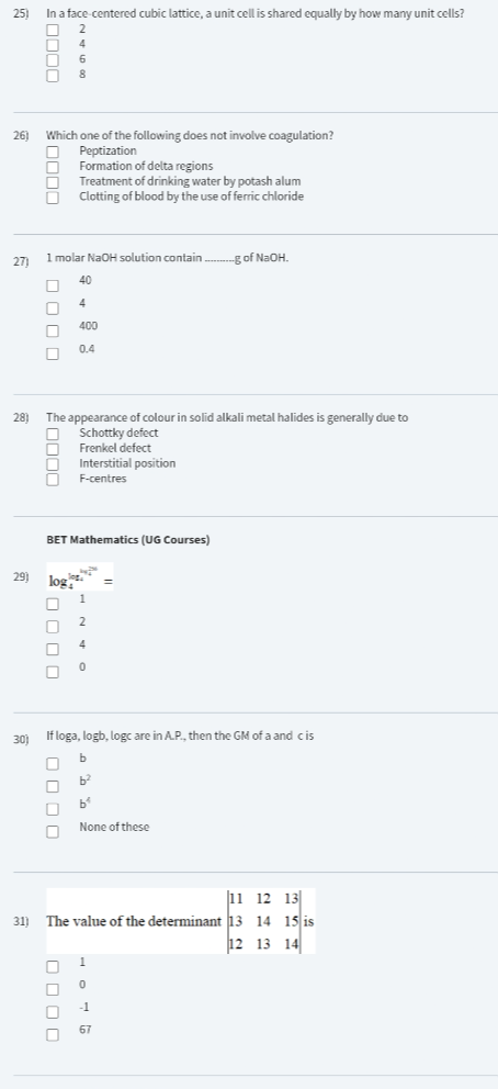 25) In a face centered cubic lattice, a unit cell is shared equally by ...