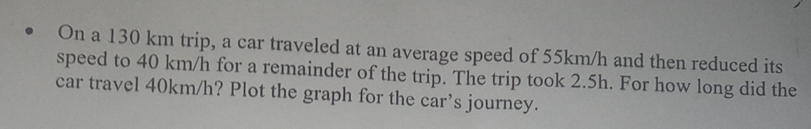 - On a 130 km trip, a car traveled at an average speed of 55  km / h and then reduced its speed to 40  km / h for a remainder of the trip. The trip took 2.5 h . For how long did the car travel 40  km / h ? Plot the graph for the car's journey.