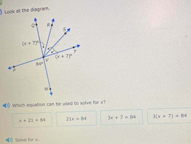 Look at the diagram.

Which equation can be used to solve for x ?

    x+21=84

21 x=84
3 x+7=84

    3(x+7)=84

Solve for x.