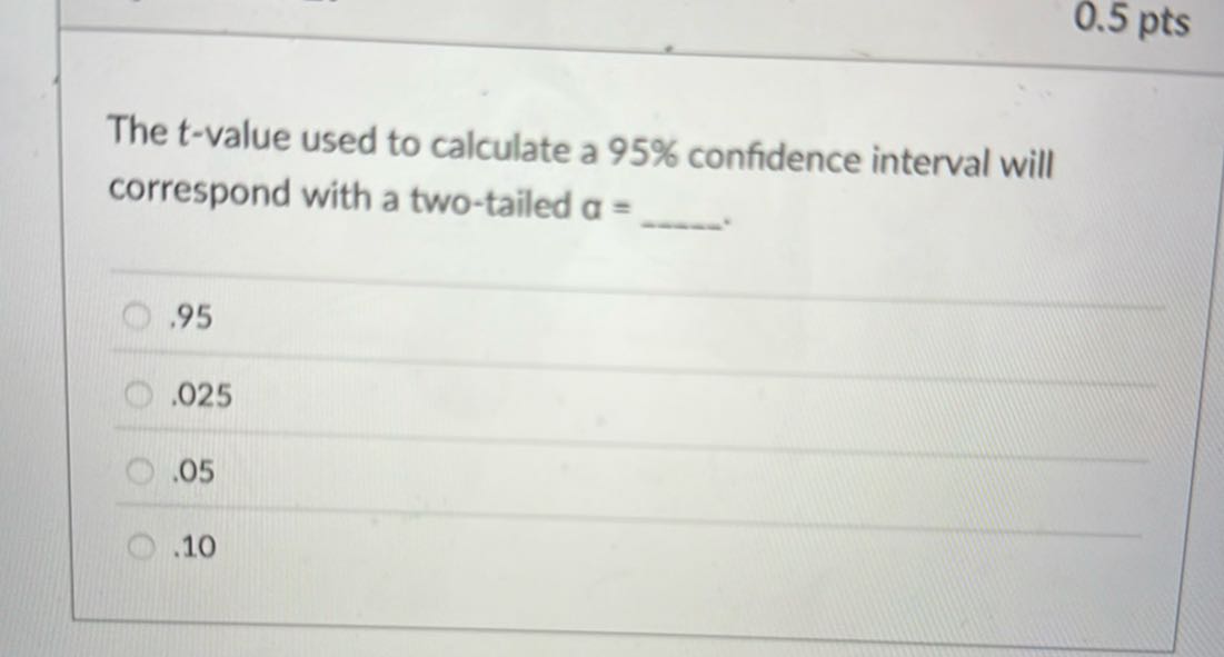 The t-value used to calculate a 95% confidence interval will correspond with a two-tailed ? = .

.95
.025
.05
.10