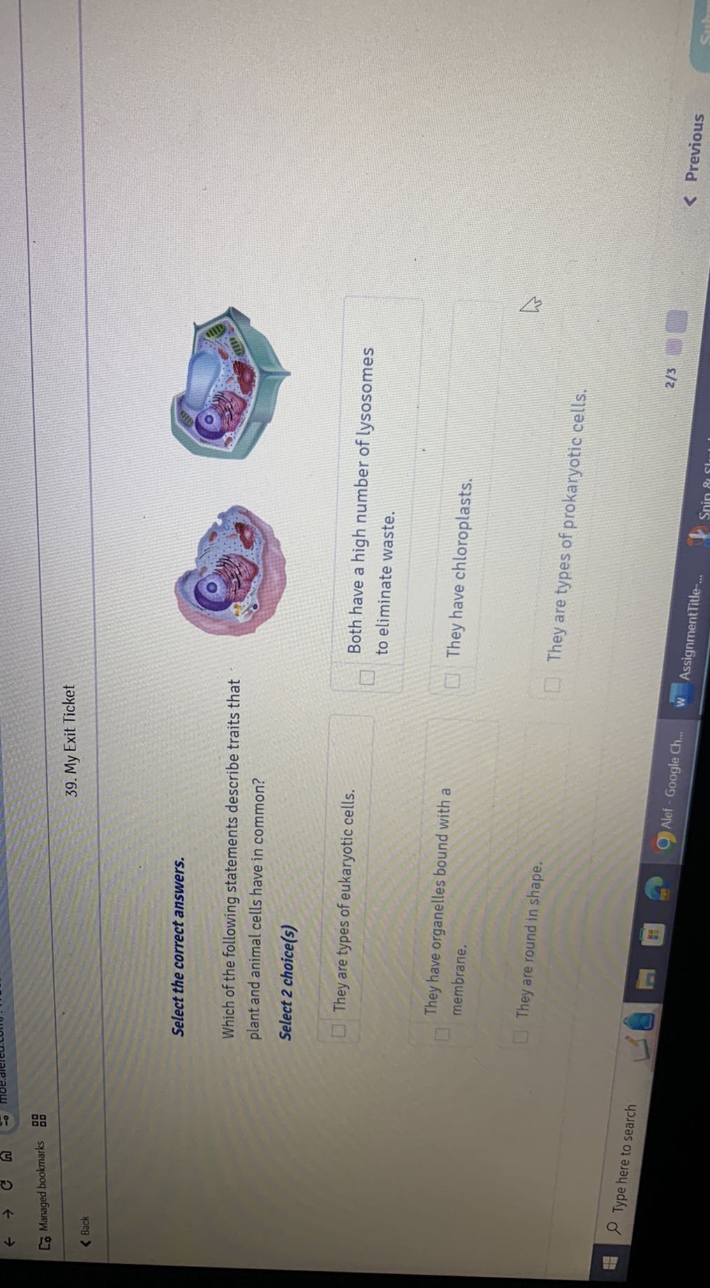 Managed bookmarks
39. My Exit Ticket
< Back

Select the correct answers.

Which of the following statements describe traits that plant and animal cells have in common?
Select 2 choice(s)
□
They are types of eukaryotic cells.
Both have a high number of lysosomes to eliminate waste.
They have organelles bound with a They have chloroplasts.
They are round in shape.
They are types of prokaryotic cells.
Type here to search
2/3
Previous