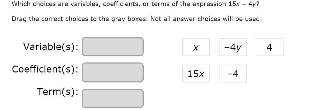 Which choices are variables, coefficients, or terms of the expression 15 x-4 y ?
Drag the correct choices to the gray boxes. Not all answer choices will be used.
Variable(s): □
□ -4 y
4

Coefficient(s): □ 15 x
-4

Term(s): □