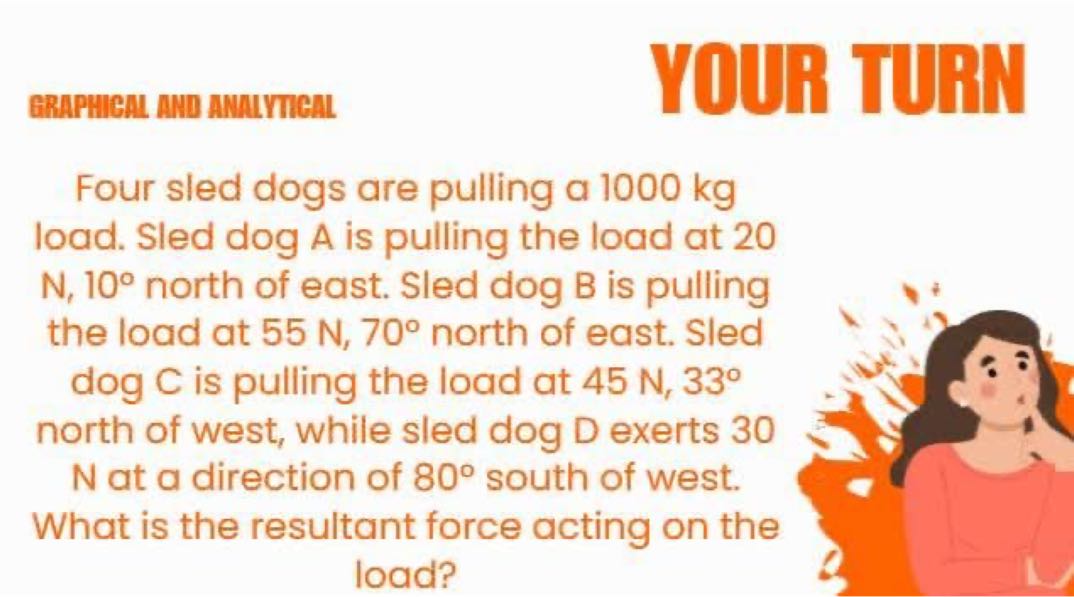 GRAPHICAL AND ANALYTICAL
YOUR TURN

Four sled dogs are pulling a 1000 kg load. Sled dog A is pulling the load at 20 N, 10^∘ north of east. Sled dog B is pulling the load at 55  N, 70^∘ north of east. Sled dog C is pulling the load at 45  N, 33^∘ north of west, while sled dog D exerts 30 N at a direction of 80^∘ south of west. What is the resultant force acting on the load?