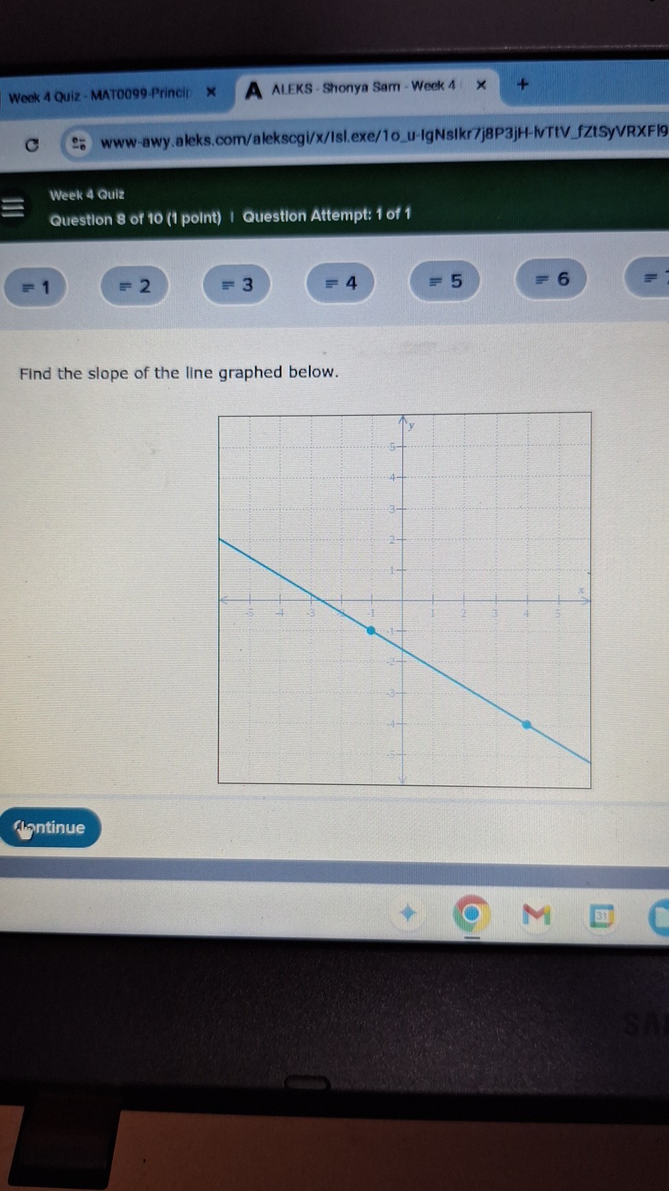 Week 4 Quiz - MAT0099-Princip
ALEKS - Shonya Sam - Week 4
www-awy.aleks.com/alekscgi/x/Isl.exe/10u-igNsikr7j8P3jH-lvTIVfZISyVRXFI9
Week 4 Quiz
Question 8 of 10 (1 point) I Question Attempt: 1 of 1
=1
2
=3
≡ 4
5
6

Find the slope of the line graphed below.
figntinue