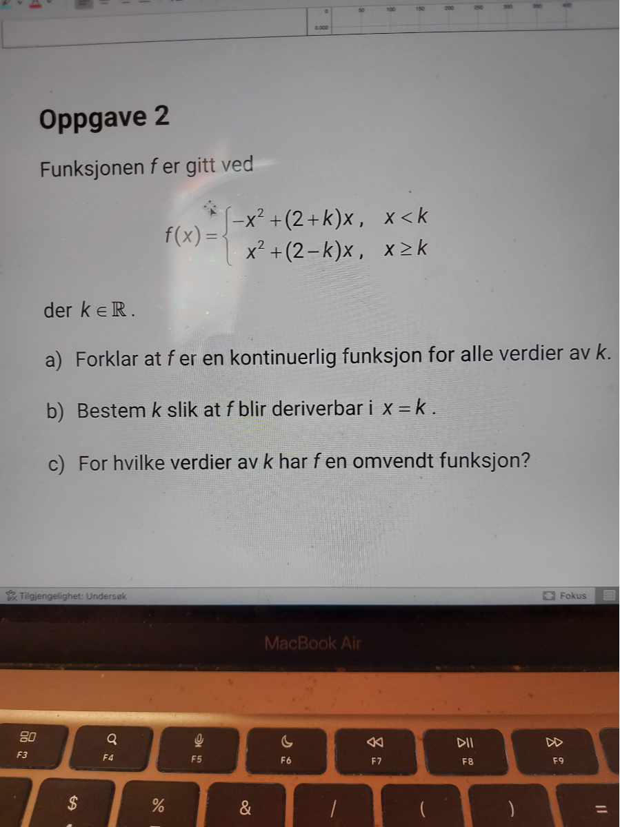 Oppgave 2
Funksjonen f er gitt ved

    f(x)={
        -x^2+(2+k) x,     x<k 
        
        x^2+(2-k) x,     x ≥ k
    .

der k ∈ℝ.
a) Forklar at f er en kontinuerlig funksjon for alle verdier av k.
b) Bestem k slik at f blir deriverbar i x=k.
c) For hvilke verdier av k har f en omvendt funksjon?