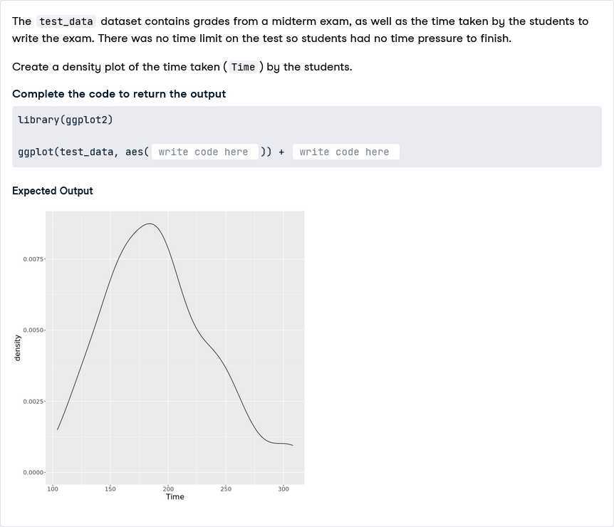 The testdata dataset contains grades from a midterm exam, as well as the time taken by the students to write the exam. There was no time limit on the test so students had no time pressure to finish.

Create a density plot of the time taken (Time) by the students.
Complete the code to return the output
Library(ggplot2)
ggplot(testdata, aes( write code here )) + write code here

Expected Output