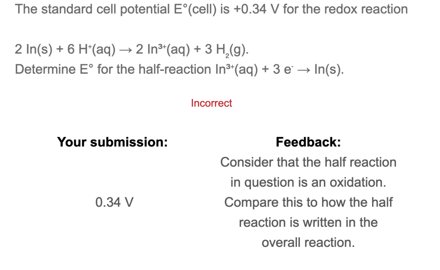 The standard cell potential E^∘(cell) is +0.34 V for the redox reaction ...