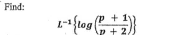 Find:

    L^-1{log((p+1)/(p+2))}
