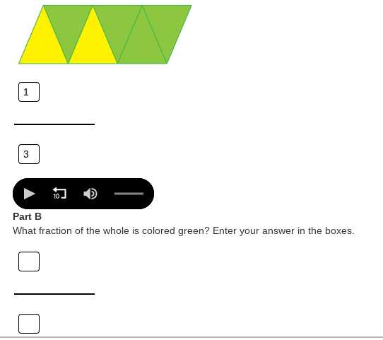 1

3

Part B
What fraction of the whole is colored green? Enter your answer in the boxes.
□
□