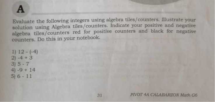 A Evaluate the following integers using algebra tiles/counters ...