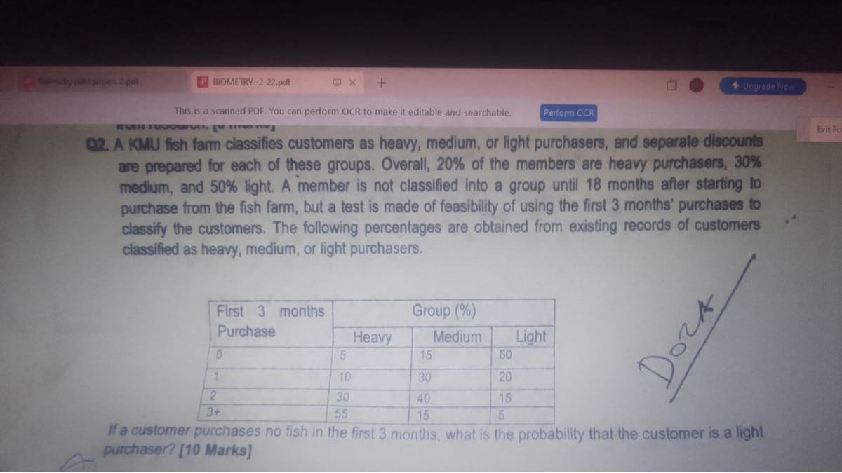 Maufuy funt pipen 2 pol
BIOMETRY-2-22.pdf
Usgrade Wew
This is a scanned PDF. You can perform OCR to make it editable and searchable.
Perform OCR
02. A KMU fish farm classifies customers as heavy, medium, or light purchasers, and separate discounts are prepared for each of these groups. Overall, 20 % of the members are heavy purchasers, 30 % medium, and 50 % light. A member is not classified into a group until 18 months after starting to purchase from the fish farm, but a test is made of feasibility of using the first 3 months' purchases to classify the customers. The following percentages are obtained from existing records of customers classified as heavy, medium, or light purchasers.

2* 
First 3 months 

Purchase
     3|c| Group (%)  

    Heavy     1|c| Medium      1|c| Light  

0     5     15     60 

1     10     30     20 

2     30     40     15 

3+     55     15     5 



II a custormer purchases no fish in the first 3 months, what is the probability that the customer is a light purchaser? [10 Marks]