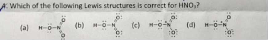 a which of the following lewis structures is correct for mathrmhno3 a b ...