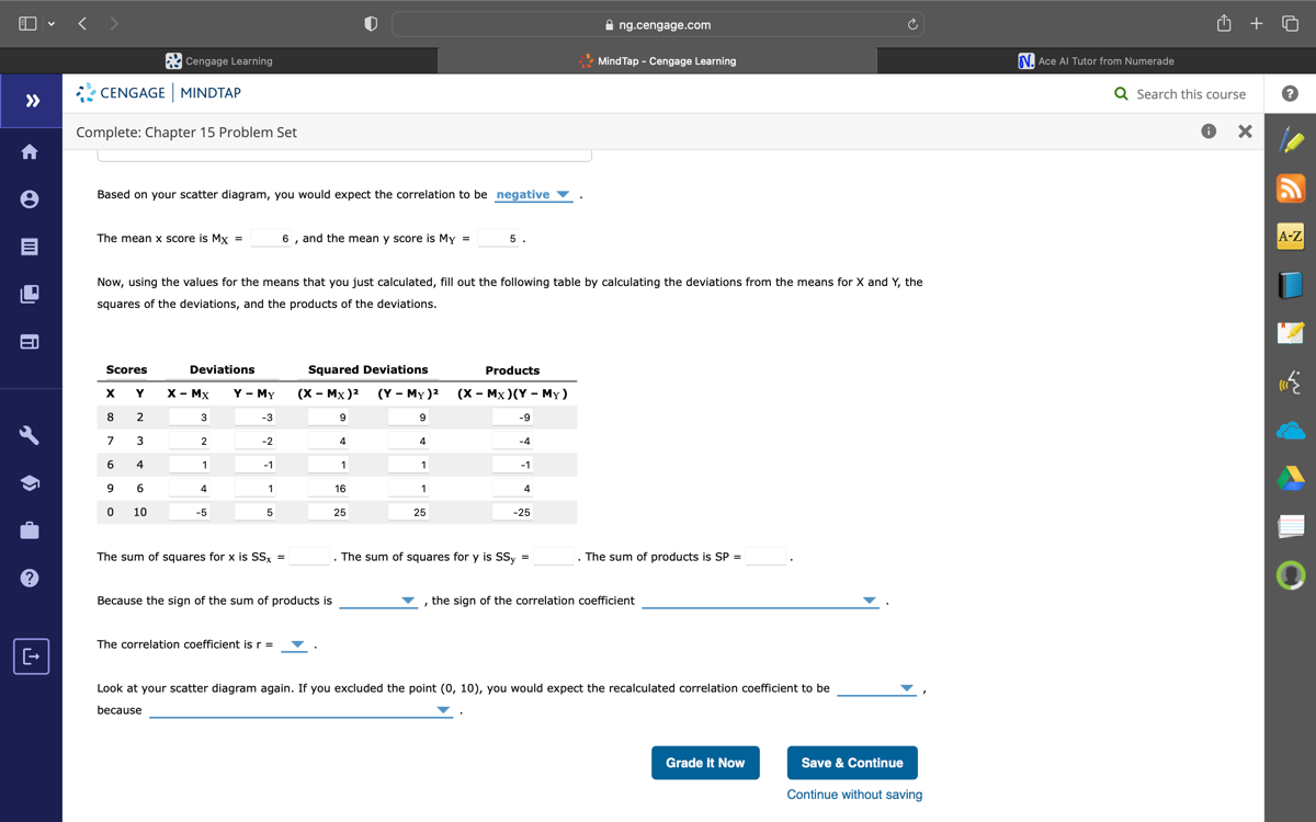 Cengage Learning
MindTap - Cengage Learning
Ace Al Tutor from Numerade
CENGAGE
MINDTAP
Search this course
Complete: Chapter 15 Problem Set
Based on your scatter diagram, you would expect the correlation to be negative ∇.

The mean x score is MX= □
□ 6 , and the mean y score is MY= □ 5. □
A-Z
Now, using the values for the means that you just calculated, fill out the following table by calculating the deviations from the means for X and Y, the squares of the deviations, and the products of the deviations.

2c Scores      2c Deviations      2c Squared Deviations      Products 

𝐗     𝐘     𝐗-𝐌𝐗     𝐘-𝐌𝐘     (𝐗-𝐌𝐗)^2     (𝐘-𝐌𝐘)^2     (𝐗-𝐌𝐗)(𝐘-𝐌𝐘) 

8     2     3     -3     9     9     -9 

7     3     2     -2     4     4     -4 

6     4     1     -1     1     1     -4 

9     6     4     1     16     1     -1 

0     10     -5     5     25     25     4 



The sum of squares for x is 𝐒 𝐒x= □ . The sum of squares for y is SSy= □ . The sum of products is SP= □
Because the sign of the sum of products is  , the sign of the correlation coefficient 
The correlation coefficient is r= 
Look at your scatter diagram again. If you excluded the point (0,10), you would expect the recalculated correlation coefficient to be  because 
Grade it Now
Save & Continue
Continue without saving