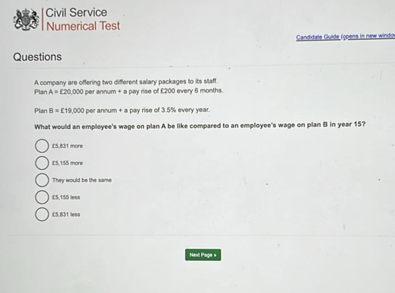 Civil Service
Numerical Test
Candidate Guide (opens in new windo

Questions

A company are offering two different salary packages to its staff.
Plan A=£ 20,000 per annum + a pay rise of £ 200 every 6 months.
Plan B=£ 19,000 per annum + a pay rise of 3.5 % every year.
What would an employee's wage on plan A be like compared to an employee's wage on plan B in year 15 ?
£5,831 more
£5,155 more
They would be the same
£5,155 less
£5,831 less
Next Page :
