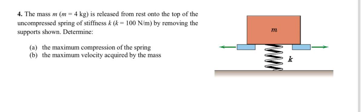 Max Acceleration Spring 4. The mass m ( m=4 kg ) is released from rest onto the top of the ...