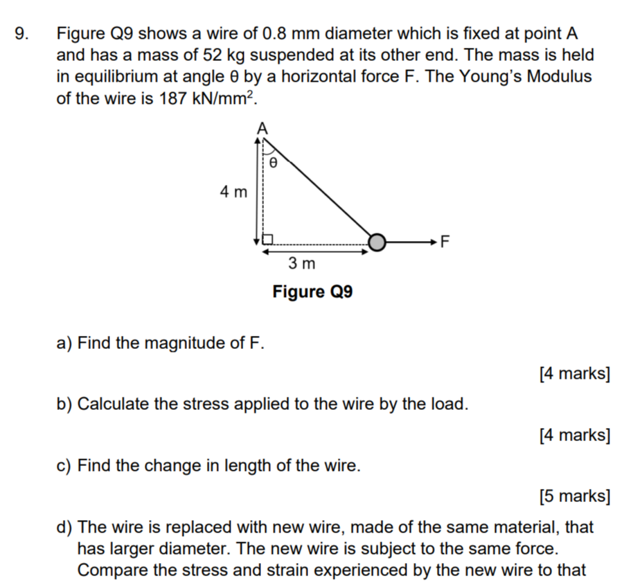 9. Figure Q9 shows a wire of 0.8  mm diameter which is fixed at point A and has a mass of 52  kg suspended at its other end. The mass is held in equilibrium at angle θ by a horizontal force F. The Young's Modulus of the wire is 187 kN / mm^2.
Figure Q9
a) Find the magnitude of F.
[4 marks]
b) Calculate the stress applied to the wire by the load.
[4 marks]
c) Find the change in length of the wire.
[5 marks]
d) The wire is replaced with new wire, made of the same material, that has larger diameter. The new wire is subject to the same force. Compare the stress and strain experienced by the new wire to that