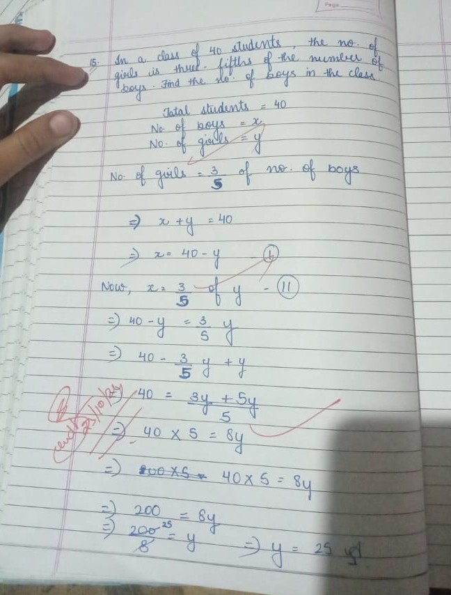 Daye
15. In a class of 40 students, the no. of In a class of the fifths of the number of
givels is thre soys. Find the of boys in the class.
boys.

Jatal students =40
No. of boys =x
No. of giales =y
No. of girls =(3)/(5) of no. of boys

    ⇒ x+y=40 
        ⇒ x=40-y


Now, x=(3)/(5) of y

    ⇒ 40-y=(3)/(5) y 
        ⇒ 40-(3)/(5) y+y 
         (2)  40=(3 y+5 y)/(5)
         ?? ⇒ 40 × 5=8 y 
        ⇒ 400 × 5 * 40 × 5=8 y 
        
            ⇒ 200=8 y 
            ⇒(200^25)/(8)=y   ⇒ y=25 ct

