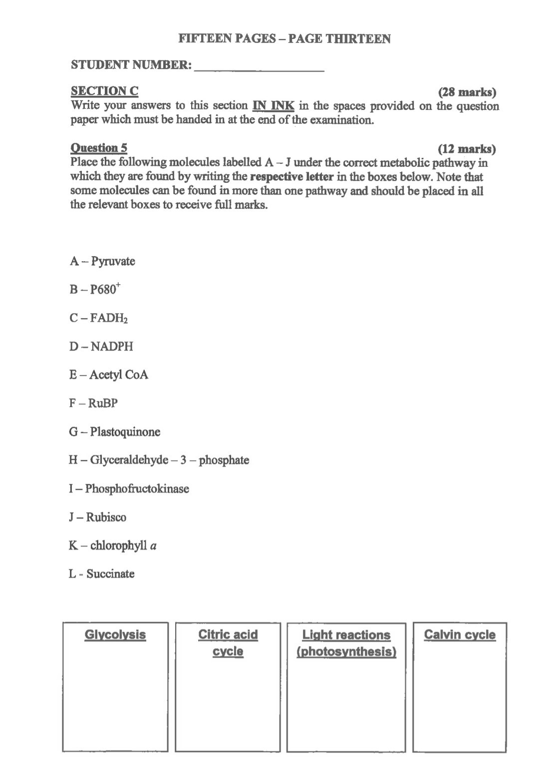 FIFTEEN PAGES - PAGE THIRTEEN

STUDENT NUMBER: 
SECTION C
(28 marks)

Write your answers to this section IN INK in the spaces provided on the question paper which must be handed in at the end of the examination.

Question 5
(12 marks)

Place the following molecules labelled A - J under the correct metabolic pathway in which they are found by writing the respective letter in the boxes below. Note that some molecules can be found in more than one pathway and should be placed in all the relevant boxes to receive full marks.

A - Pyruvate
B - P680 ^+
C-FADH2
D - NADPH
E-Acetyl CoA
F - RuBP
G - Plastoquinone
H - Glyceraldehyde - 3 - phosphate
I-Phosphofructokinase
J - Rubisco
K - chlorophyll a
L - Succinate

Glycolysis

Citric acid cycle

Light reactions (photosynthesis)
Calvin cycle