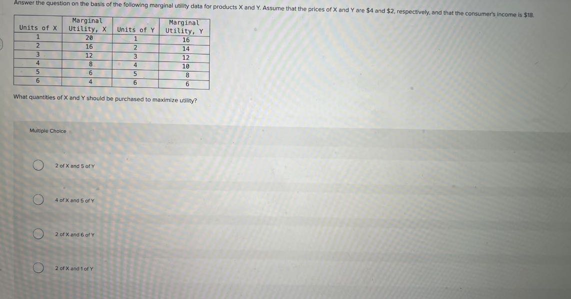Answer the question on the basis of the following marginal utility data for products X and Y. Assume that the prices of X and Y are $ 4 and $ 2, respectively, and that the consumer's income is $ 18.

Units of X      
Marginal 

Utility, X
     Units of Y      
Marginal 

Utility, Y
 

1     20     1     16 

2     16     2     14 

3     12     3     12 

4     8     4     10 

5     6     5     8 

6     4     6     6 



What quantities of X and Y should be purchased to maximize utility?

Multiple Choice
2 of X and 5 of Y
4 of X and 5 of Y
2 of X and 6 of y
2 of X and 1 of Y