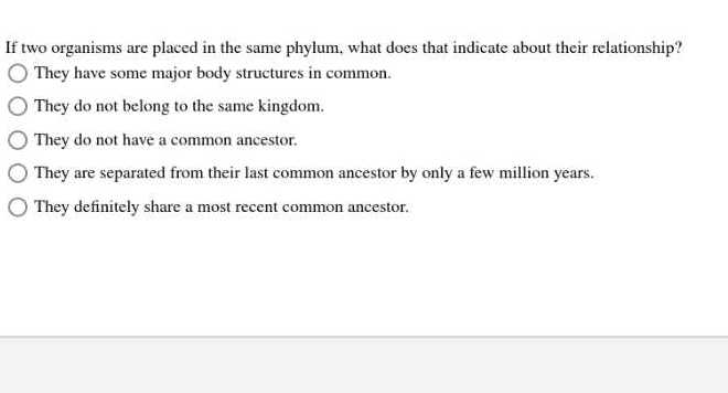 If two organisms are placed in the same phylum, what does that indicate ...