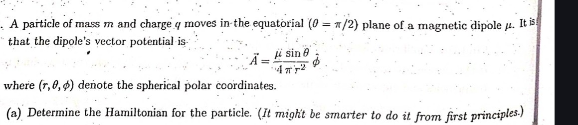 A particle of mass m and charge q moves in the equatorial (θ=π / 2 ...