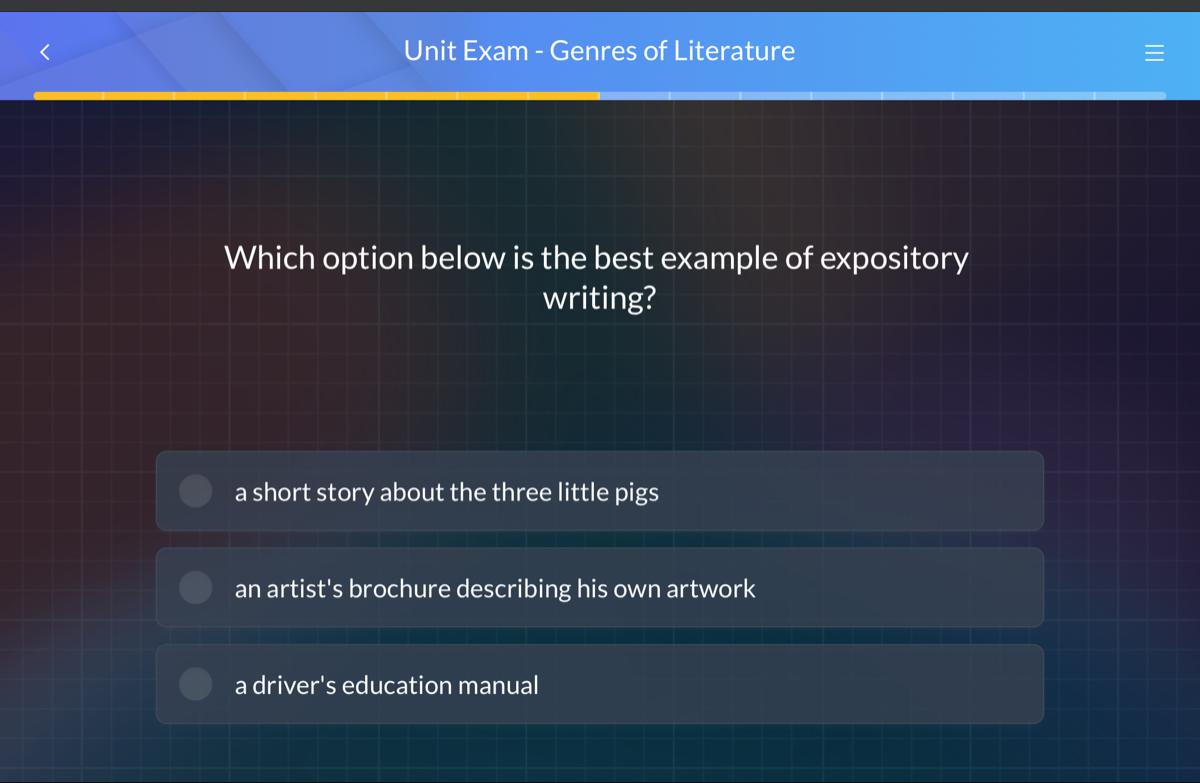 VIDEO solution: Unit Exam - Genres of Literature Which option below is ...