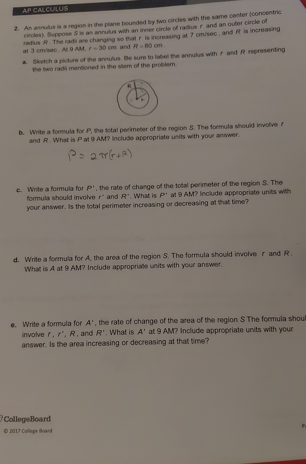 [GET ANSWER] AP CALCULUS 2. An annulus is a region in the plane bounded ...