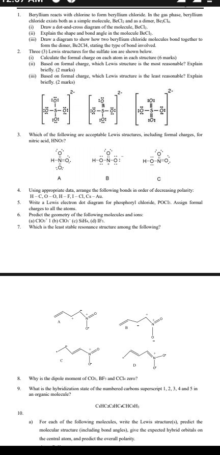 1. Beryllium reacts with chlorine to form beryllium chloride. In the ...