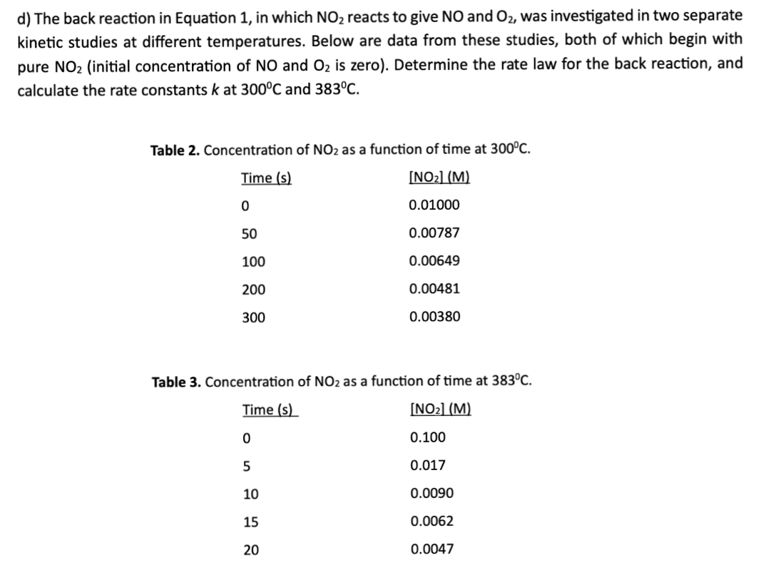 d) The back reaction in Equation 1, in which NO2 reacts to give NO and O2, was investigated in two separate kinetic studies at different temperatures. Below are data from these studies, both of which begin with pure NO2 (initial concentration of NO and O2 is zero). Determine the rate law for the back reaction, and calculate the rate constants k at 300^∘C and 383^∘C.

Table 2. Concentration of NO2 as a function of time at 300^∘C.
 
Time (s)     [NO2](M) 

0     0.01000 

50     0.00787 

100     0.00649 

200     0.00481 

300     0.00380


Table 3. Concentration of NO2 as a function of time at 383^∘C.
 
Time (s)     [NO2](M) 

0     0.100 

5     0.017 

10     0.0090 

15     0.0062 

20     0.0047
