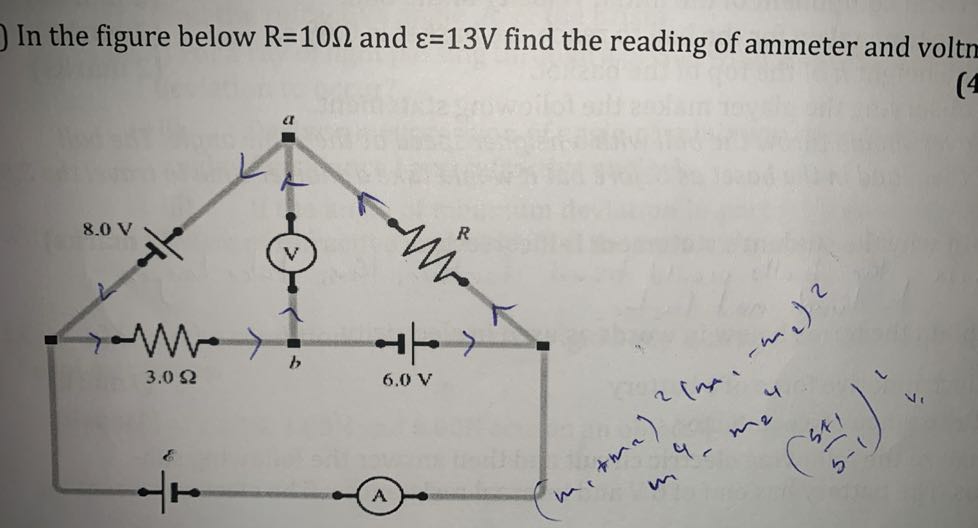 In the figure below R=10 Ω and ε=13  V find the reading of ammeter and volt