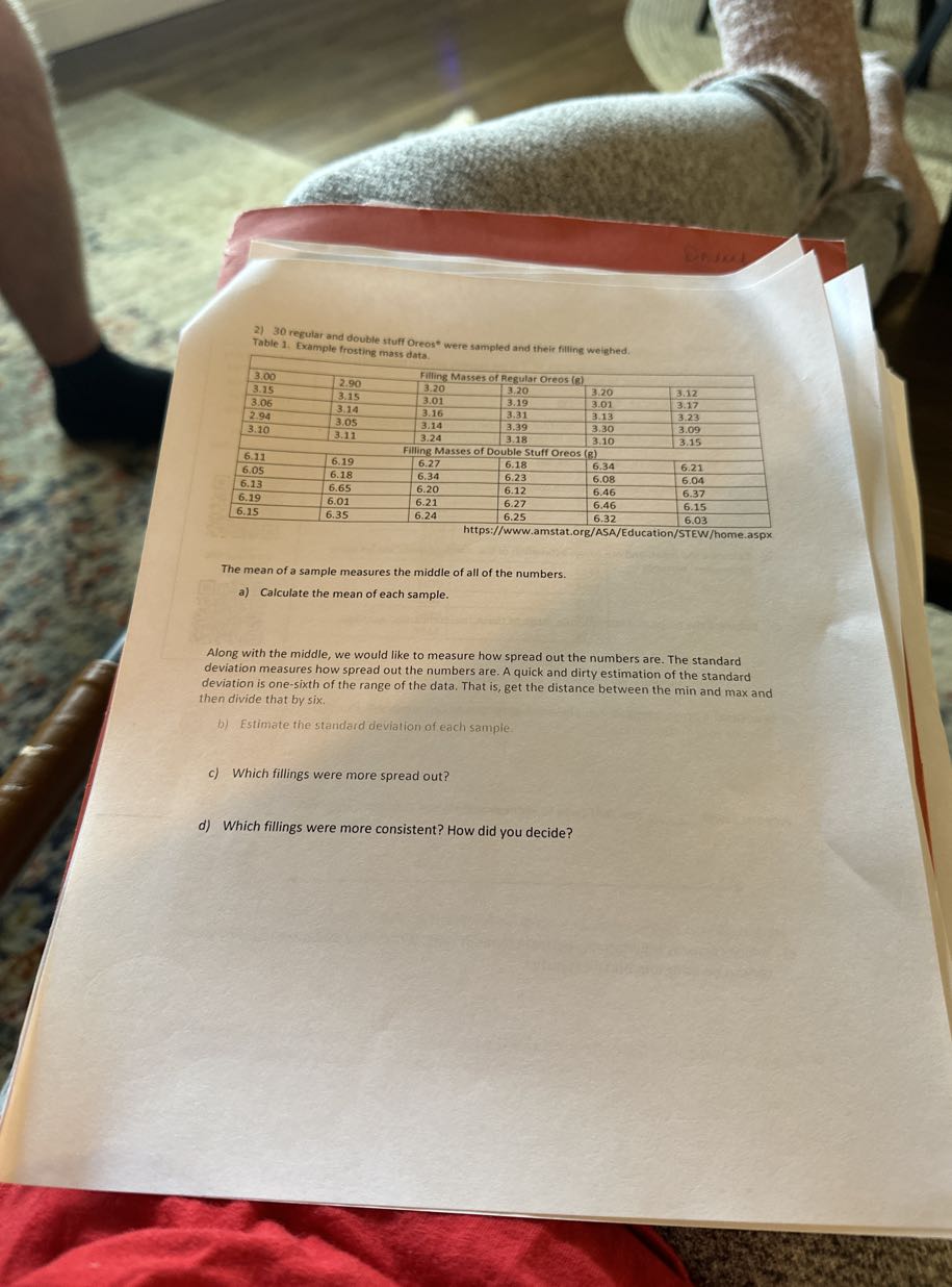 2) 30 regular and double stuff Oreos* were sampled and their filling weighed. Table 1. Example frosting mass data.

7|l| Filling Masses of Regular Oreos (g)  

3.00     2.90     3.20     3.20     3.20     3.12 

3.15     3.15     3.01     3.19     3.01     3.17 

3.06     3.14     3.16     3.31     3.13     3.23 

2.94     3.05     3.14     3.39     3.30     3.09 

3.10     3.11     3.24     3.18     3.10     3.15 

6|l| Filling Masses of Double Stuff Oreos (g)  

6.11     6.19     6.27     6.18     6.34     6.21 

6.05     6.18     6.34     6.23     6.08     6.04 

6.13     6.65     6.20     6.12     6.46     6.37 

6.19     6.01     6.21     6.27     6.46     6.15 

6.15     6.35     6.24     6.25     6.32     6.03 



The mean of a sample measures the middle of all of the numbers.
a) Calculate the mean of each sample.

Along with the middle, we would like to measure how spread out the numbers are. The standard deviation measures how spread out the numbers are. A quick and dirty estimation of the standard deviation is one-sixth of the range of the data. That is, get the distance between the min and max and then divide that by six.
b) Estimate the standard deviation of each sample.
c) Which fillings were more spread out?
d) Which fillings were more consistent? How did you decide?